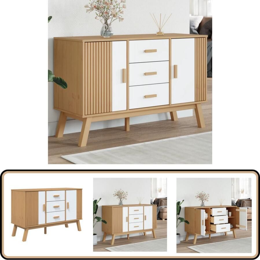 VidaXL Dressoir OLDEN 114x43x73 5 cm Wit en Bruin Dressoir Buffetkast Scandinavisch Design Grenenhout Vintage