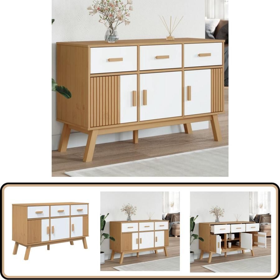 VidaXL Dressoir OLDEN 114x43x73 5 cm Wit en Bruin Dressoir Buffett Kast Scandinavisch Design Grenenhout Vintage