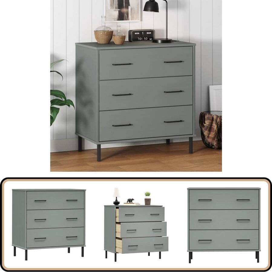 VidaXL Dressoir OSLO 3 lades massief hout grijs Dressoir Vintage Dressoir Landelijk Dressoir Grenoble Dressoir Side Table