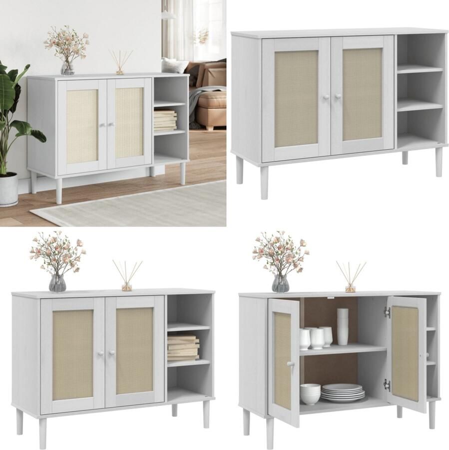 VidaXL Dressoir SENJA 112x40x80 cm rattan look massief grenenhout wit Dressoir Dressoirs Opbergkast Wandkast
