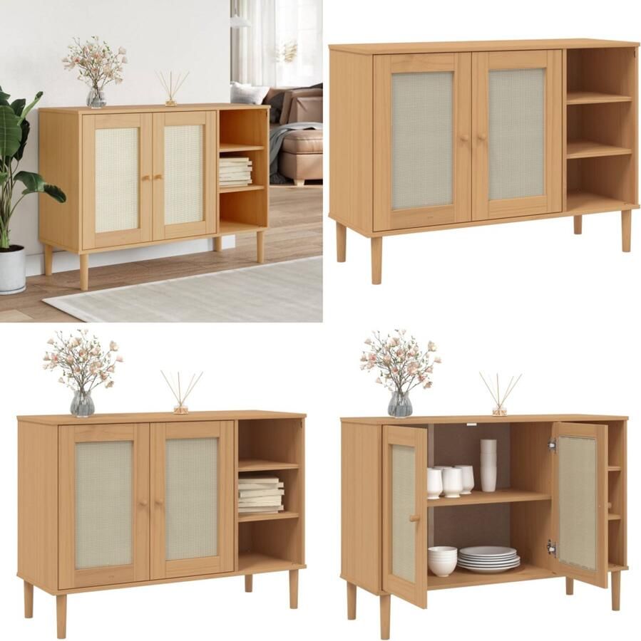 VidaXL Dressoir SENJA 112x40x80 cm rattan massief grenenhout bruin Dressoir Dressoirs Opbergkast Wandkast