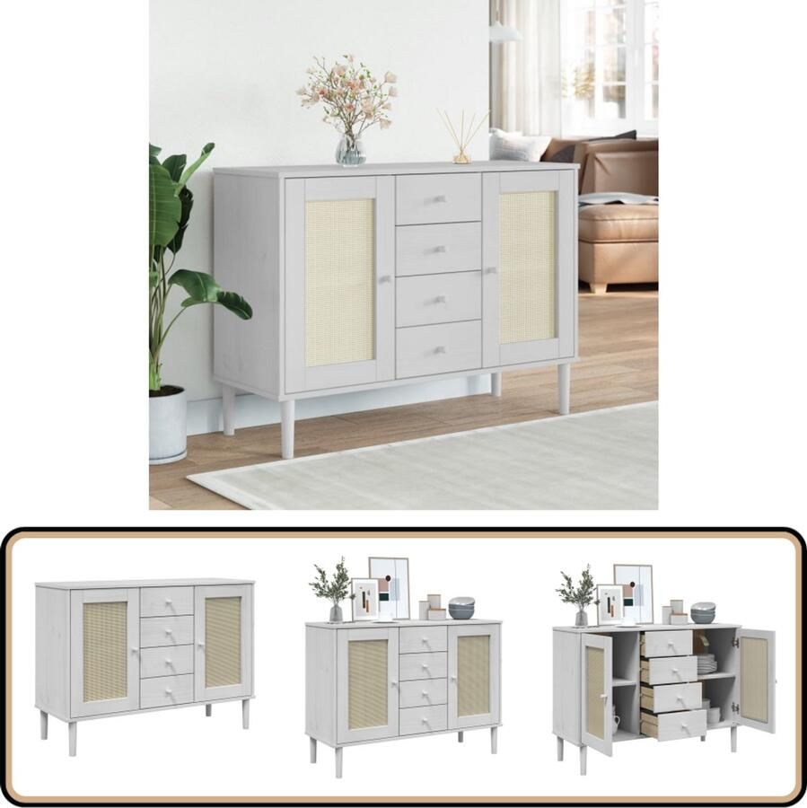 VidaXL Dressoir SENJA 112x40x80 cm Wit Rattan-look Dressoir Opbergkast Salontafel Woonkamerinrichting Vintage Stijl - Foto 2