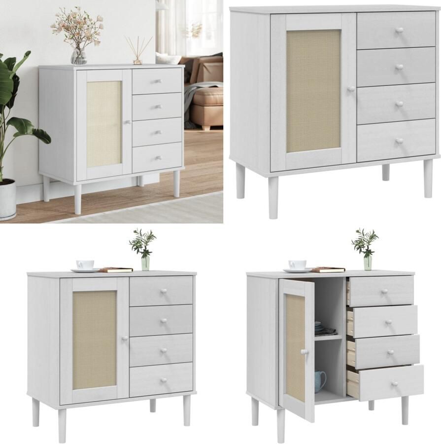 VidaXL Dressoir SENJA 80x40x80 cm rattan look massief grenenhout wit Dressoir Dressoirs Opbergkast Wandkast