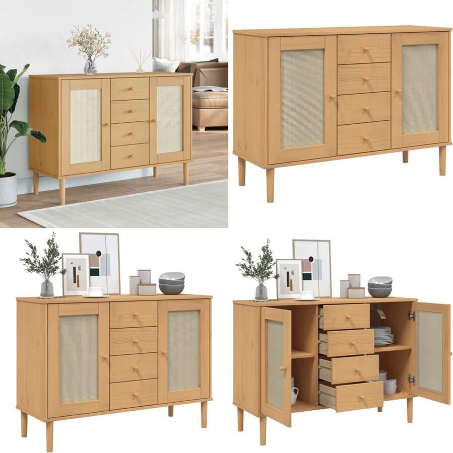 VidaXL Dressoir SENJA rattan-look 112x40x80 cm grenenhout bruin Dressoir Dressoirs Opbergkast Wandkast