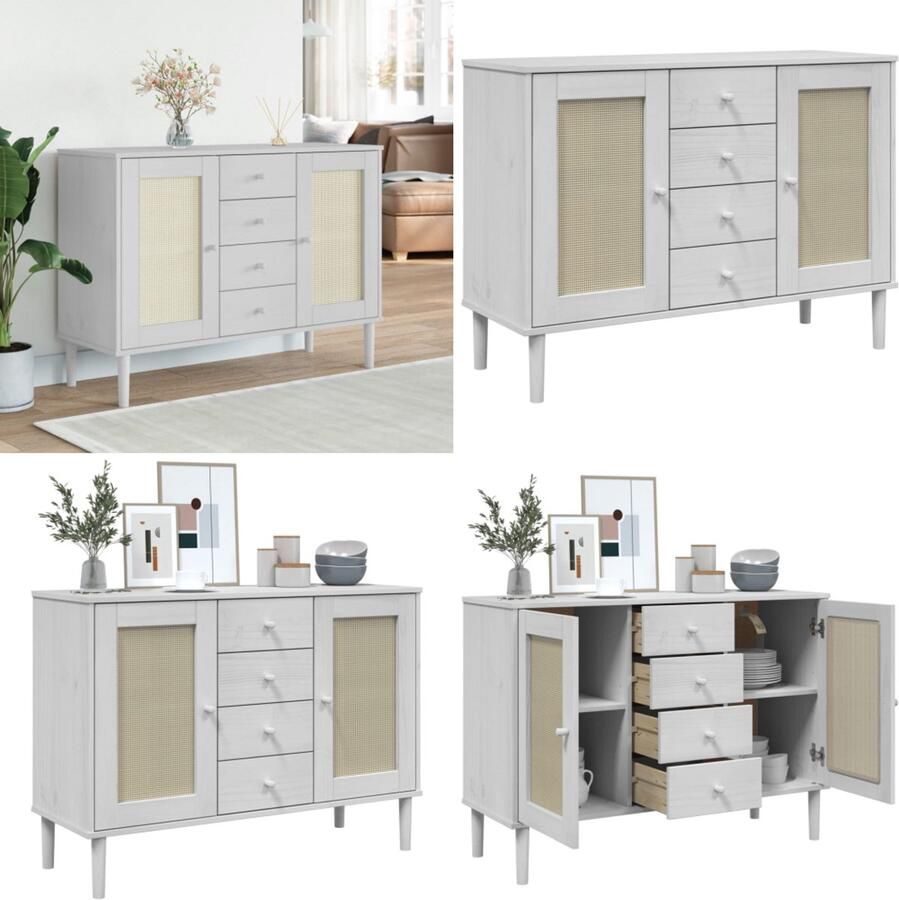 VidaXL Dressoir SENJA rattan-look 112x40x80 cm massief grenenhout wit Dressoir Dressoirs Opbergkast Wandkast