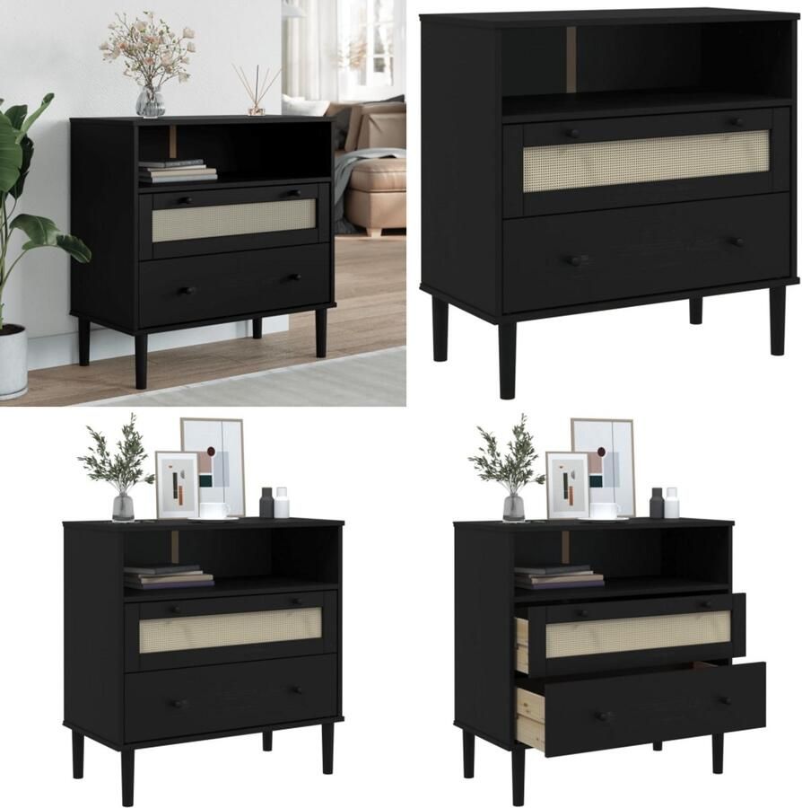 VidaXL Dressoir SENJA rattan-look 80x40x80 cm massief grenenhout zwart Dressoir Dressoirs Opbergkast Wandkast