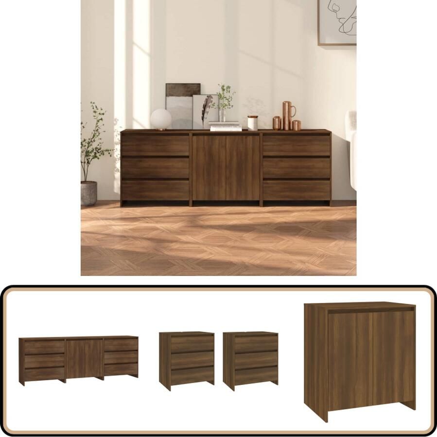 VidaXL Dressoir Set Bruin Eiken 3 Stuks Dressoir Kast Opbergkast Houten Kast Bruine Eiken