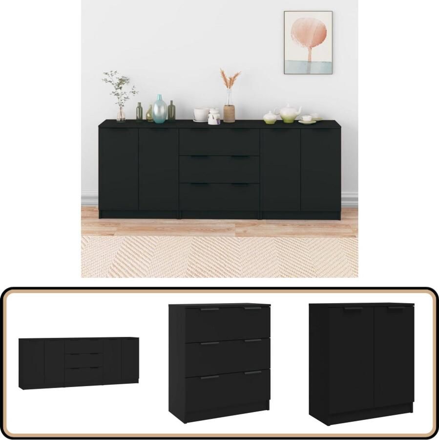 VidaXL Dressoir Set Zwart Bewerkt Hout 3 Delig Dressoir Houten Dressoir Black Furniture Tv Stand Salontafel - Foto 2