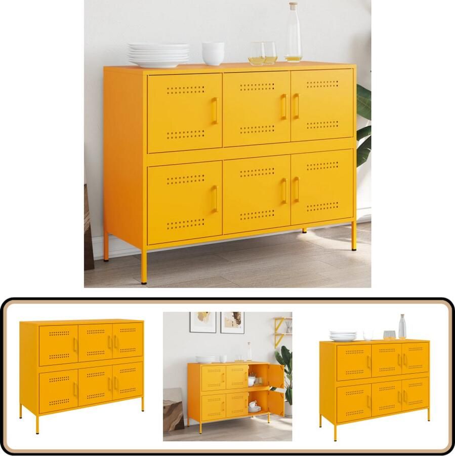 VidaXL Dressoir Staal 100 5x39x79 cm Mosterdgeel Industriele Design Dressoirs Buffetkast Koudgewalst Staal Mosterdgeel