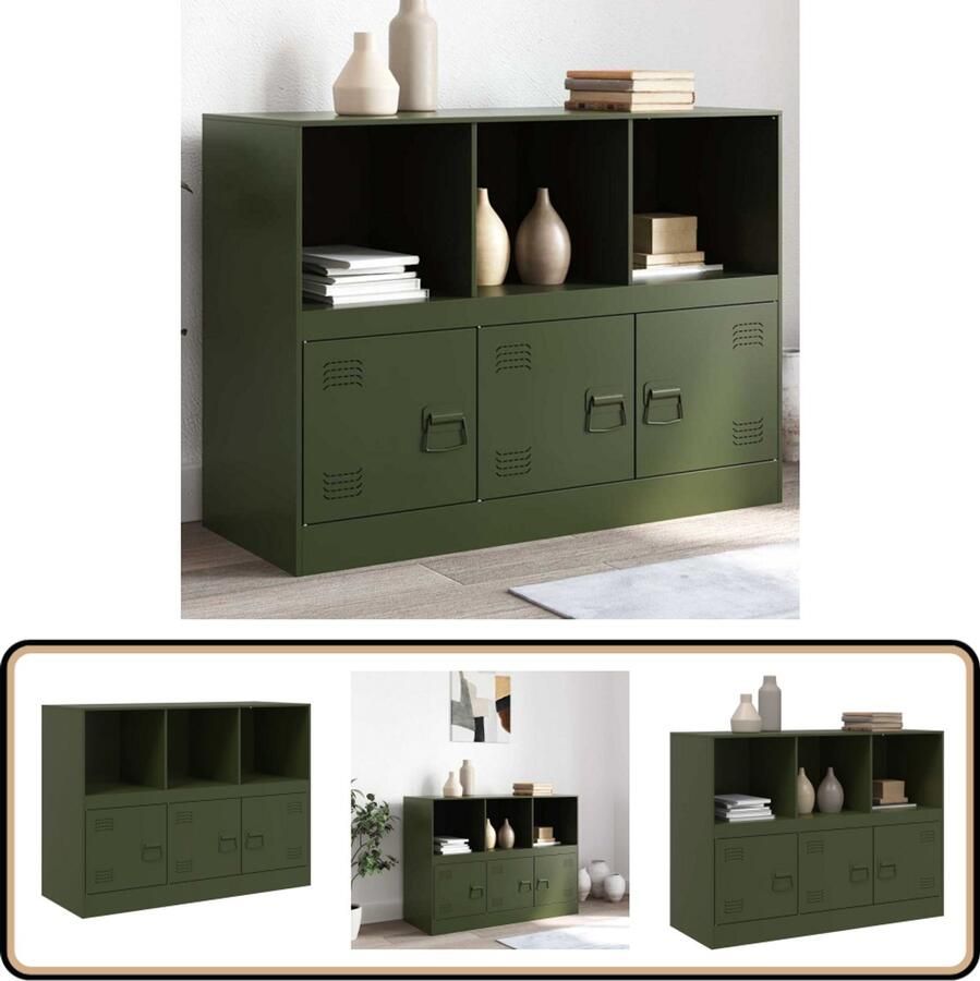 VidaXL Dressoir Staal 99x39x73 cm Olijfgroen Tv-meubel Tv-kast Stalen Tv-kast Olijfblad Groen Opbergkast