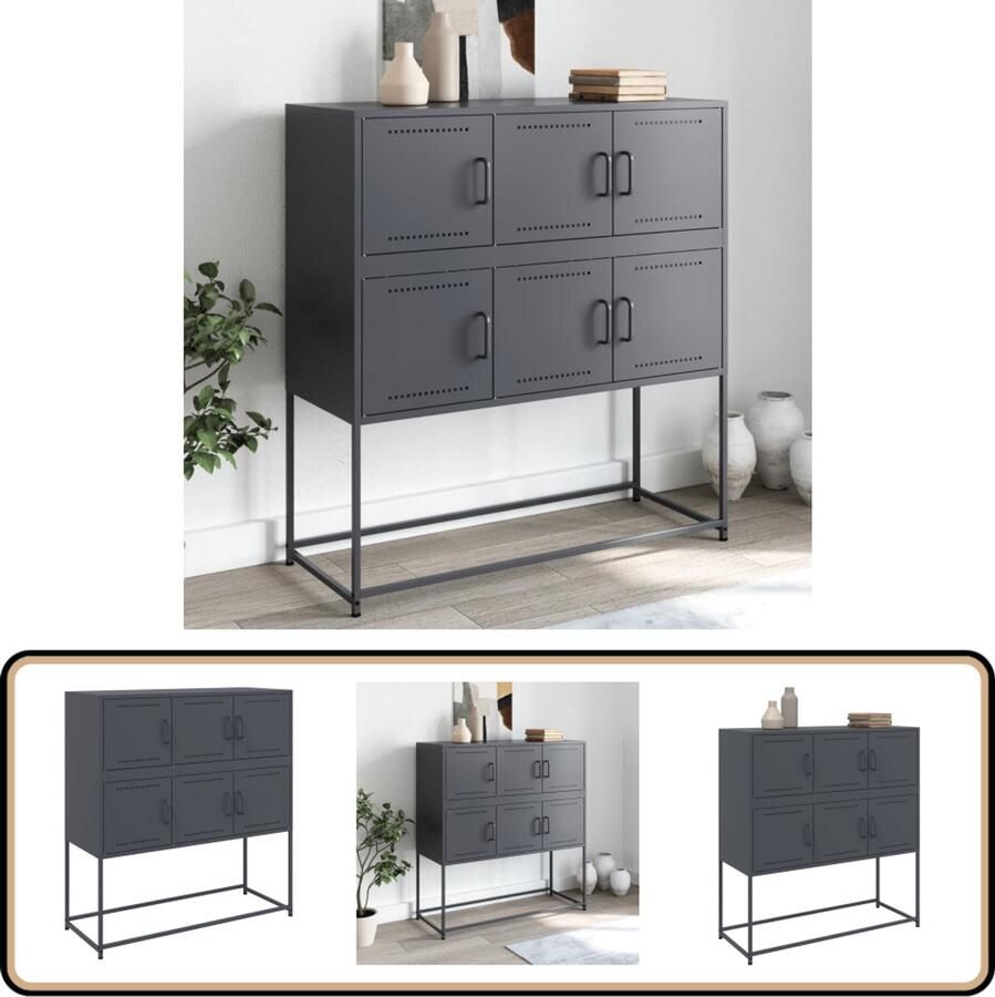 The Living Store Dressoir 100 5x39x107 cm staal antracietkleurig Dressoir Industrieel Meubilair Metalen Dressoir Stalen Dressoir Opbergmeubels