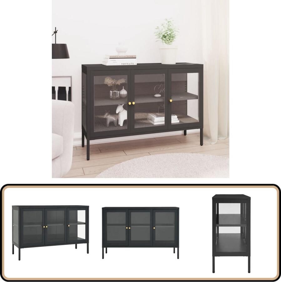 VidaXL Dressoir Staal & Glas Antraciet 105x35x70 cm Dressoir Opbergkast Tv-meubel Salontafel Zwart Metalen Dressoir