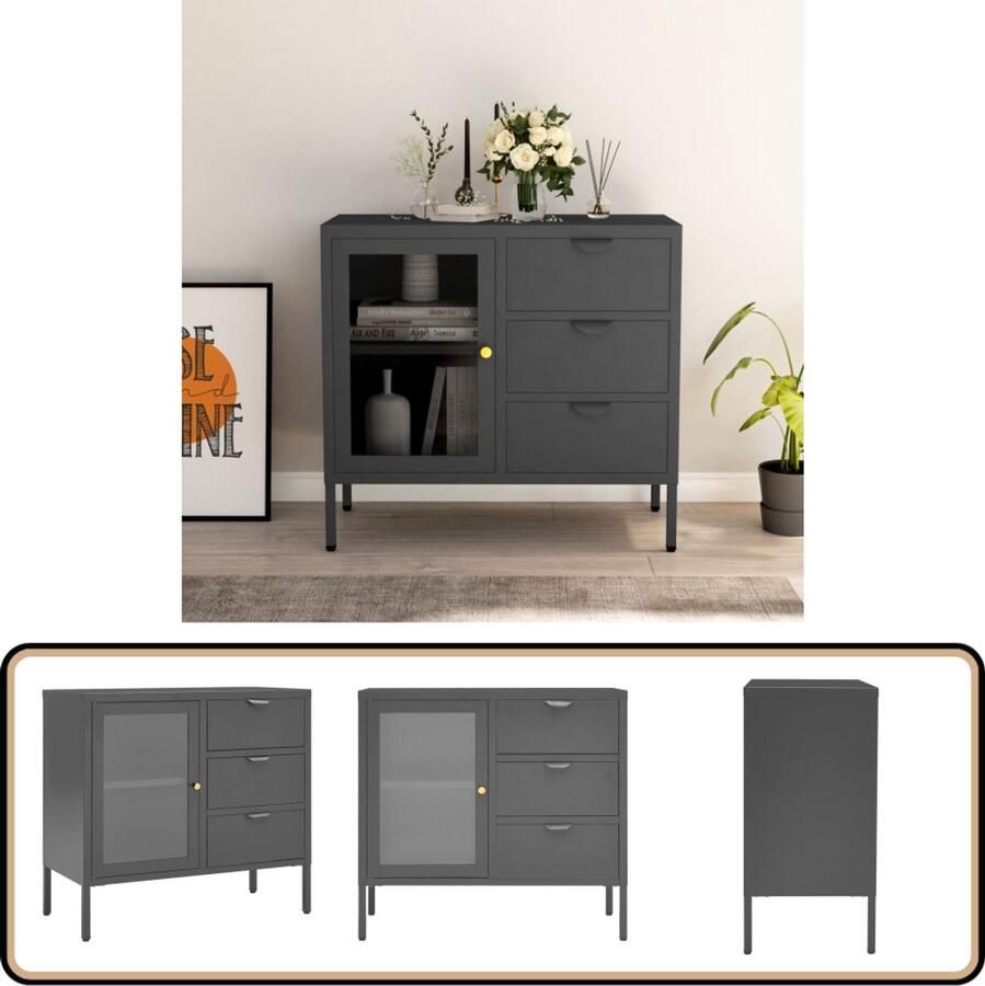 VidaXL Dressoir Staal & Glas Antraciet 75x35x70 cm Dressoir Tv-meubel Opbergkast Staal Dressoir Glazen Dressoir - Foto 2