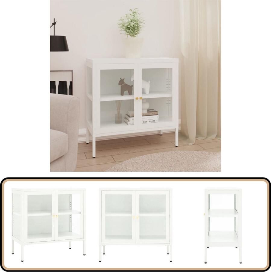 VidaXL Dressoir Staal en Glas Wit 70x35x70 cm Dressoir Opbergkast Staaldraad Glas Meubilair