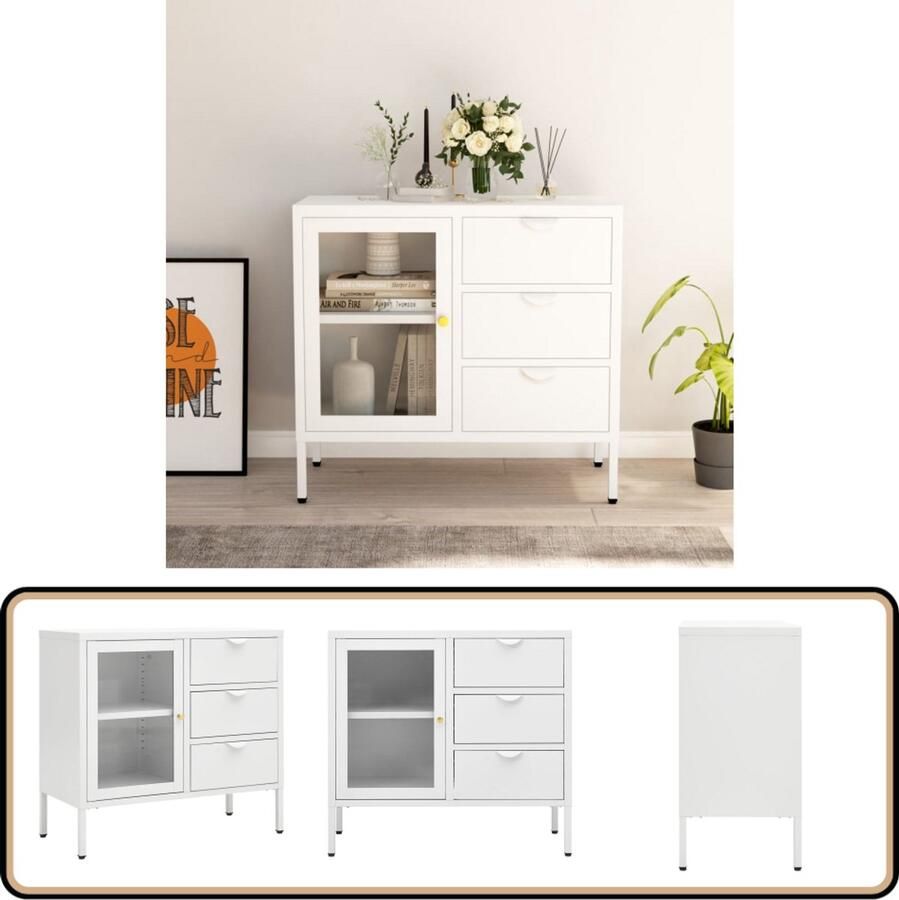 VidaXL Dressoir Staal en Glas Wit 75x35x70 cm Dressoir Vitrinekast Opbergkast Salontafel Livingroom Furniture - Foto 2