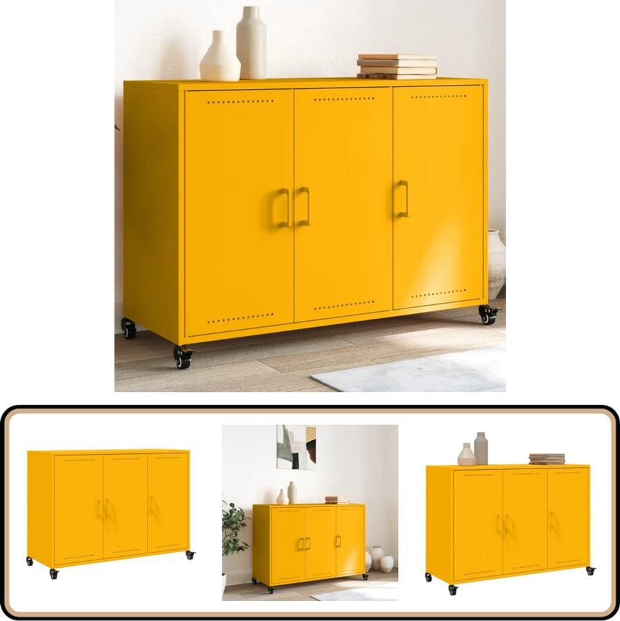 VidaXL Dressoir Staal Mosterdgeel 100 5x39x72cm Dressoir Vintage Dressoir Metalen Dressoir Staaldressoir Mustard Yellow Furniture
