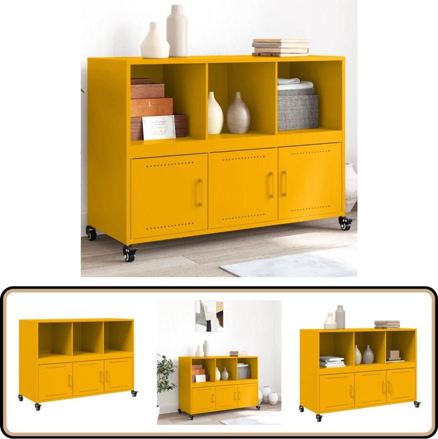 VidaXL Dressoir Staal Mosterdgeel 3 Vakken Dressoir Meubels Vintage Meubilair Industriële Stijl Modern Dressoir