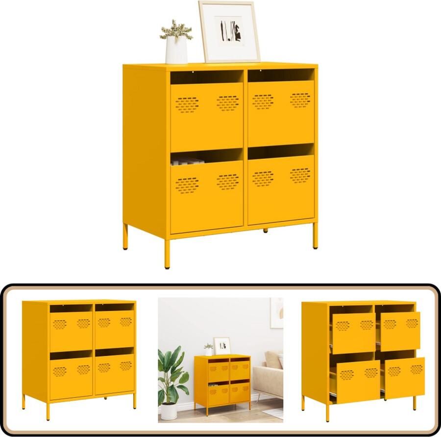 VidaXL Dressoir 68x39x73 5 cm koudgewalst staal mosterdgeel Dressoir Commode Opbergkast Vintage Dressoir Mustardkleur