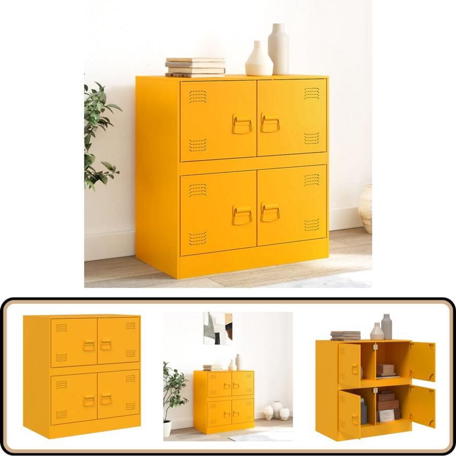 VidaXL Dressoir Staal Mosterdgeel 67x39x73 cm Televisiekast Tv Kast Stalen Kast Opbergkast Dressoir - Foto 2