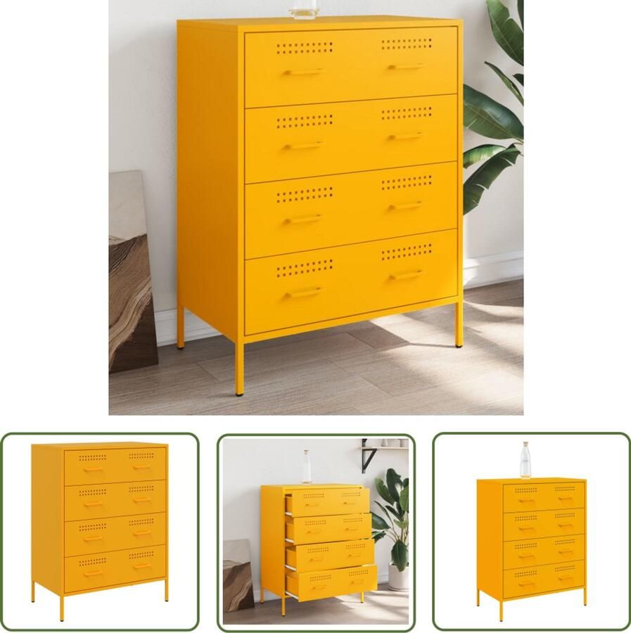 The Living Store Dressoir 68x39x89 cm staal mosterdgeel Industrieel Dressoir Metalen Dressoir Vintage Dressoir Mustard Yellow Furniture Opbergdressoir - Foto 2