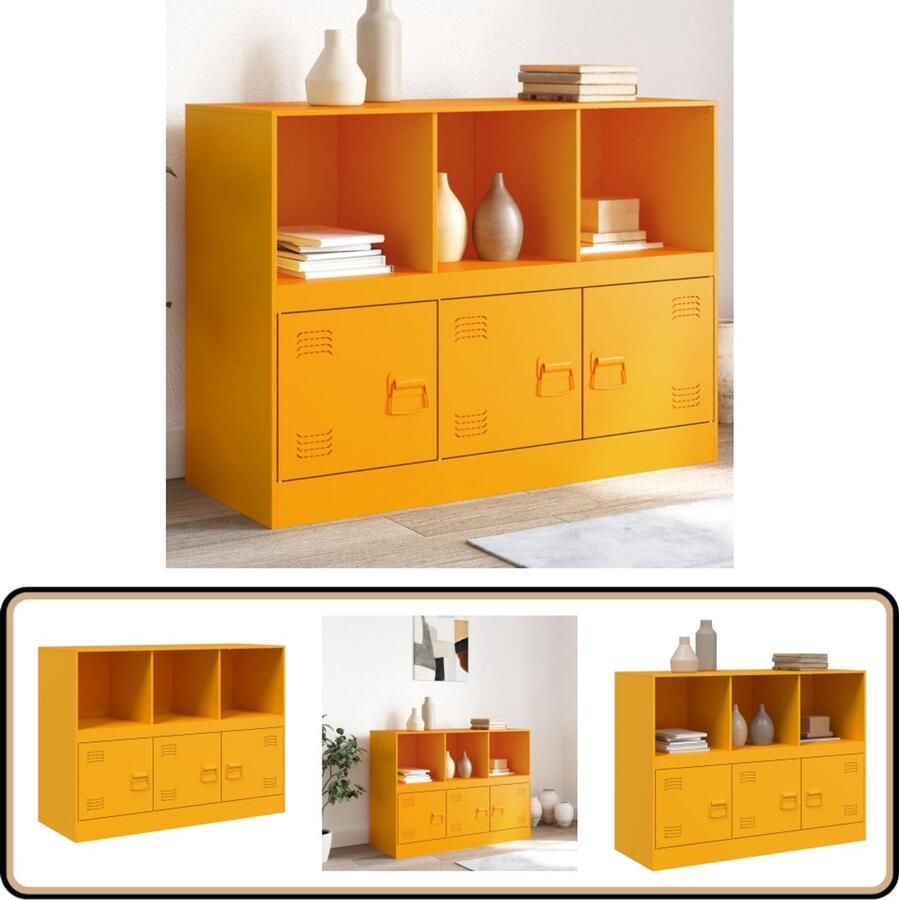 The Living Store Dressoir 99x39x73 cm staal mosterdgeel Dressoir Tv-meubel Opbergkast Staal Dressoir Mustard Yellow Furniture
