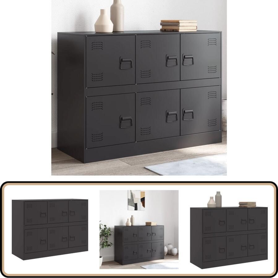 VidaXL Dressoir Staal Zwart 99x39x73 cm 6 vakken Tv Meubel Tv Kast Opbergkast Mediabox Salontafel