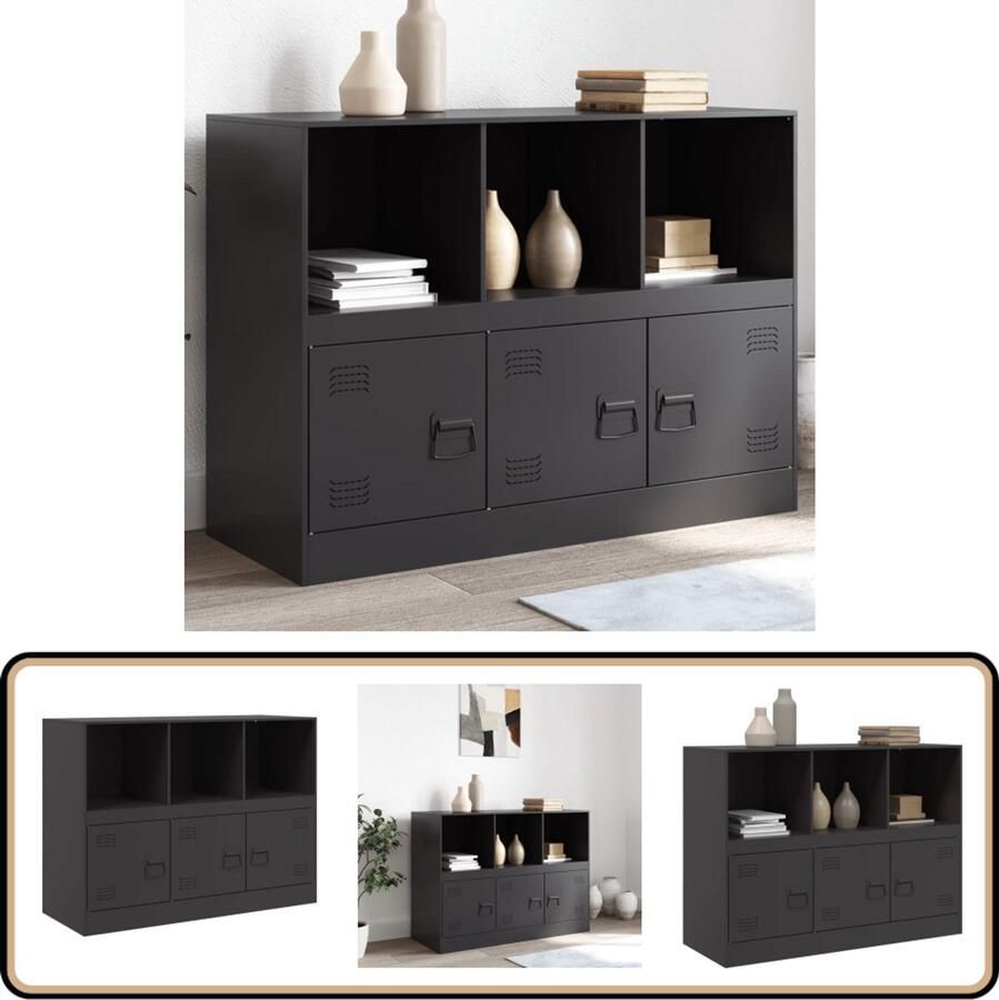 The Living Store Dressoir 99x39x73 cm staal zwart Tv Meubel Tv Stand Zwarte Dressoir Staaldressoir Salontafel