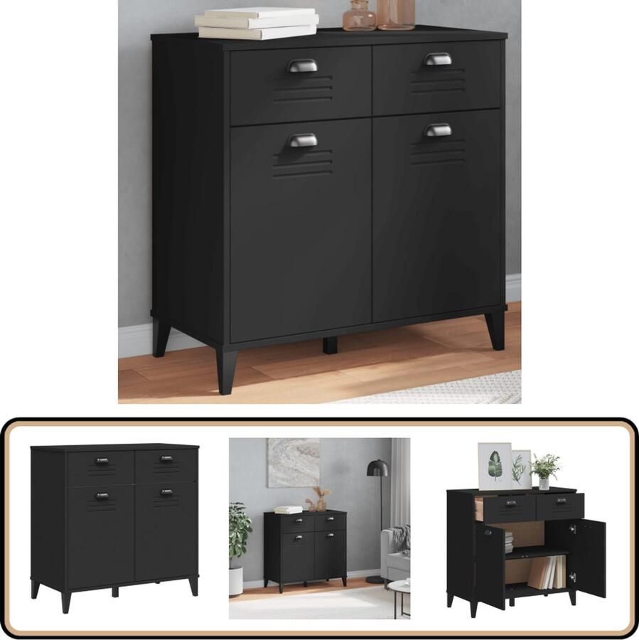The Living Store Dressoir VIKEN 80x40x80 cm bewerkt hout zwart Dressoir Buffetkast Houten Kast Industriële Stijl Opbergkast - Foto 2