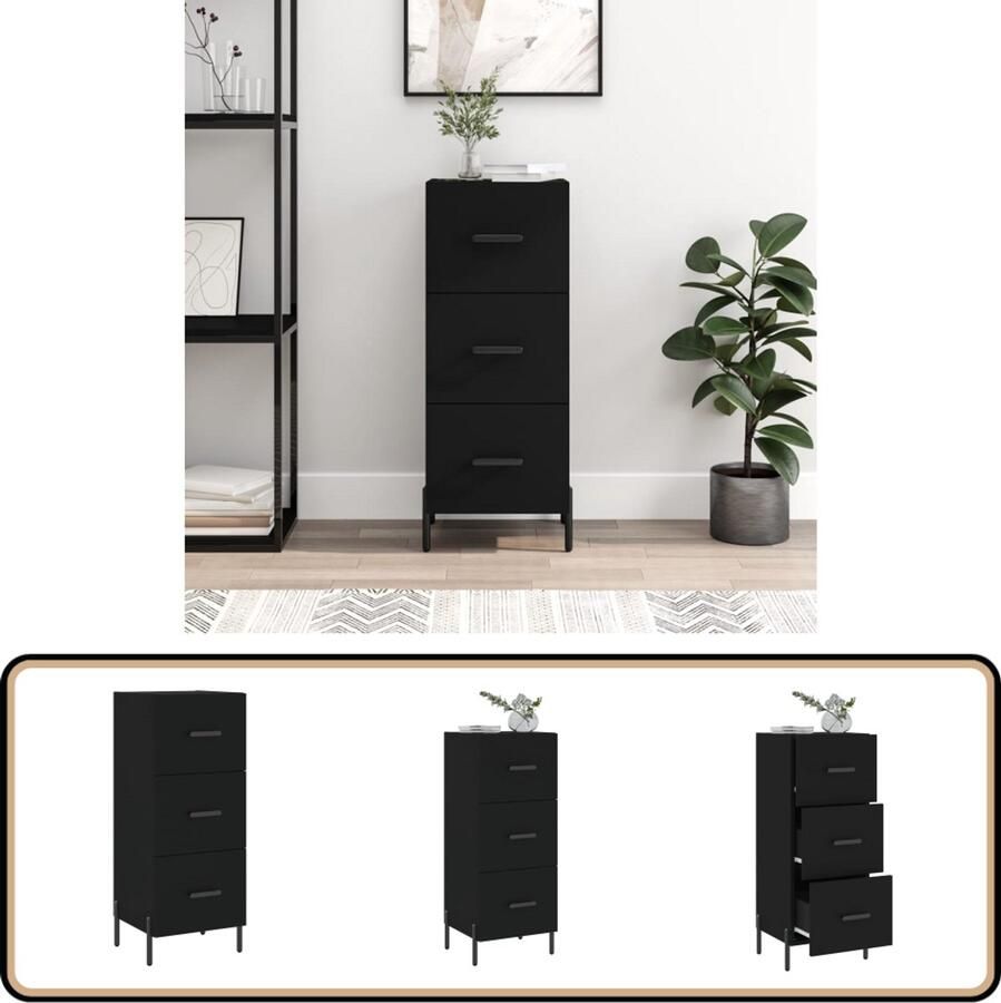 VidaXL Dressoir Zwart Bewerkt Hout 34 5x34x90 cm Dressoir Modern Design Houten Dressoir Metalen Poten Opbergkast - Foto 2