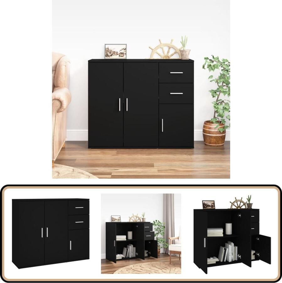 VidaXL Dressoir Zwart Bewerkt Hout 91x29 5x75 cm Dressoir Klassiek Dressoir Zwarte Dressoir Houten Dressoir Opslagmeubilair - Foto 2