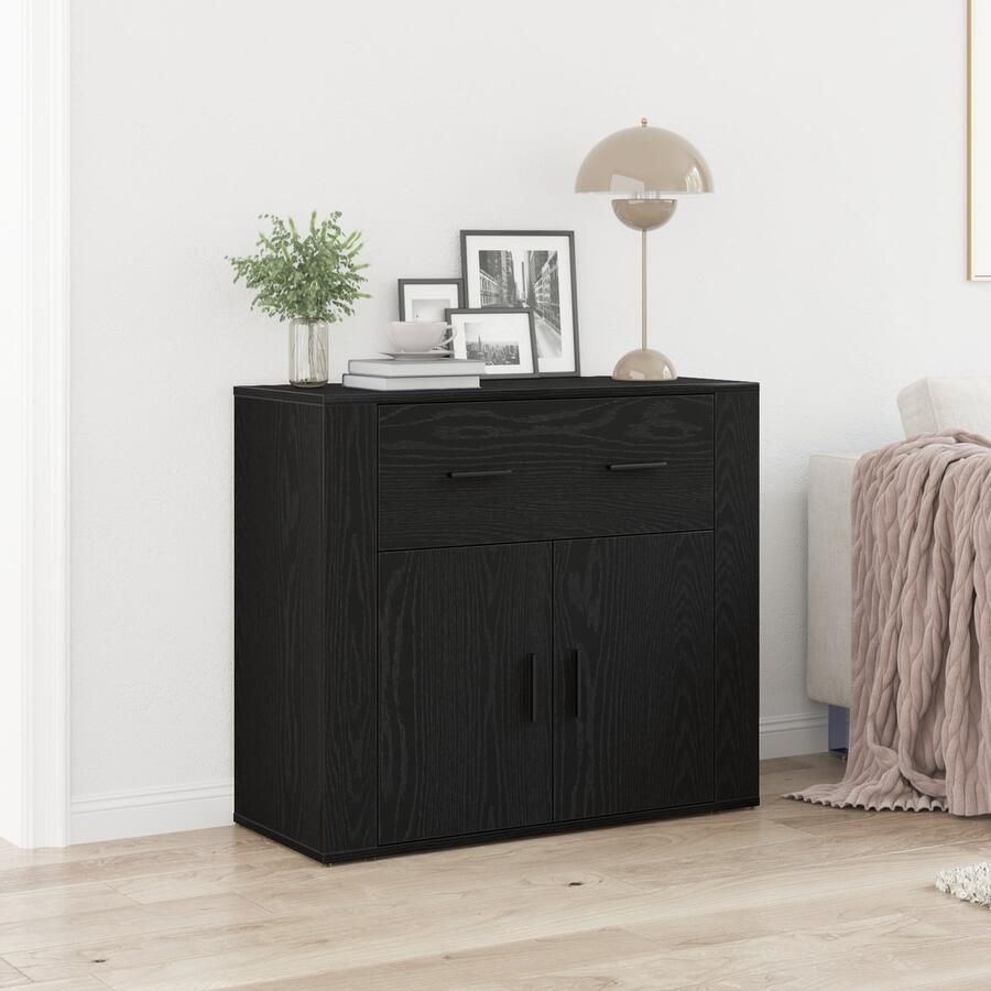 VidaXL Sideboard met lade Zwart Eiken 80 x 33 x 70 cm Bewerkt hout - Foto 2