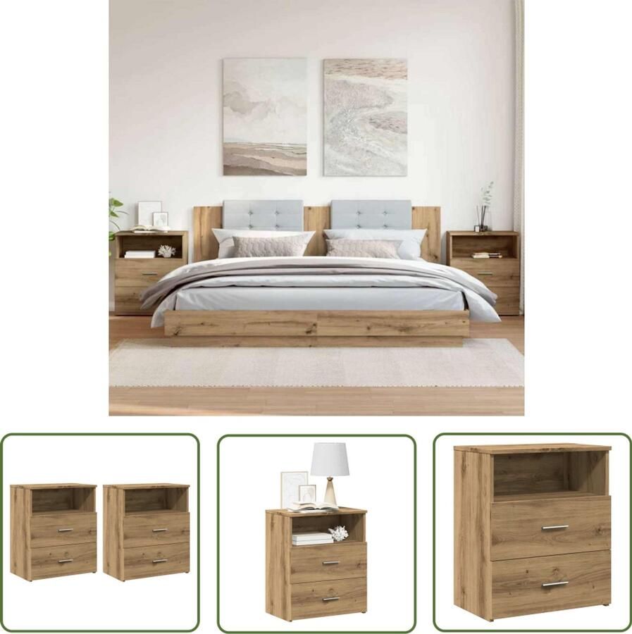 The Living Store Nachtkastjes 2 st 50x32x60cm bewerkt hout artisanaal eikenkleur Nachtkastjes Dressoirkast Slaapkamerdecoratie Houten Meubel Bergruimte