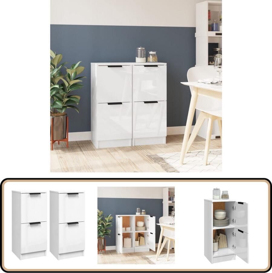 VidaXL Dressoirs Hoogglans Wit 2 stuks 30x30x70 cm Dressoir Commode Opbergkast Houten Dressoir Modern Dressoir