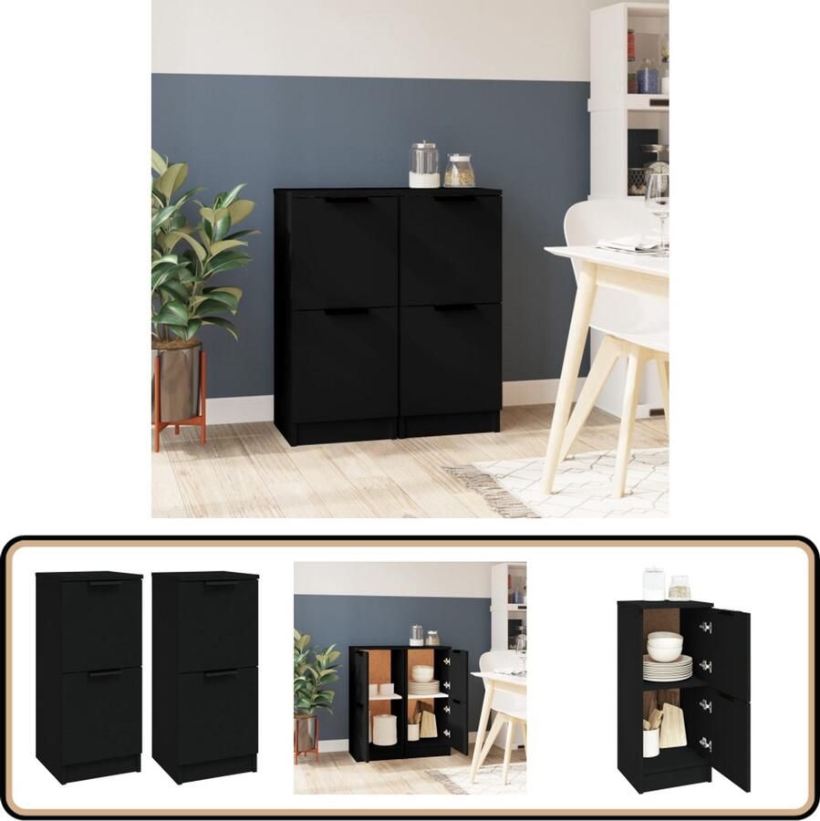VidaXL Zwarte Dressoirs 2 st Bewerkte Hout 70cm Bijzetkast Dressoir Opbergkast Houten Kast Zwarte Kast