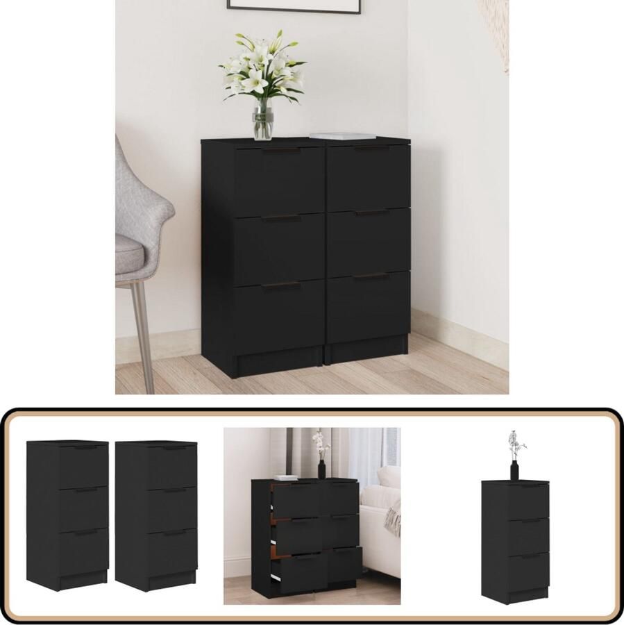 VidaXL Dressoirs 2 stuks Zwart Bewerkt hout Dressoir Houten Dressoir Black Dresser Bijzettafel Nachtkastje