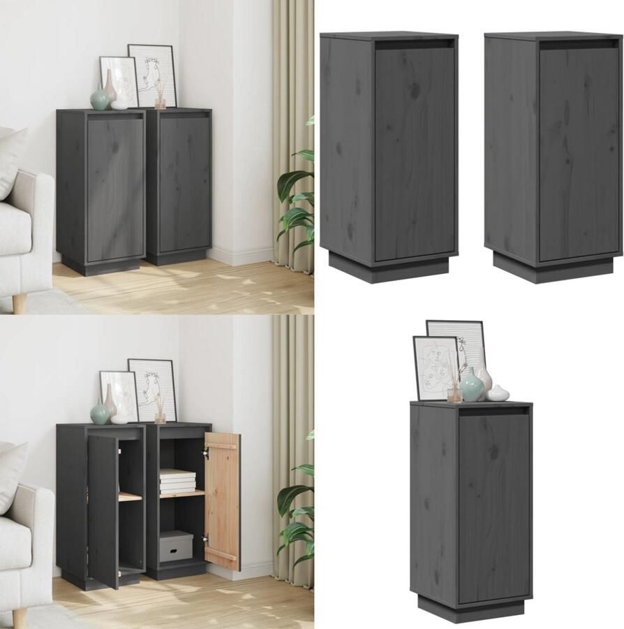 VidaXL Dressoirs 2 st 31 5x34x75 cm massief grenenhout grijs Dressoir Dressoirs Buffetkast Opbergkast