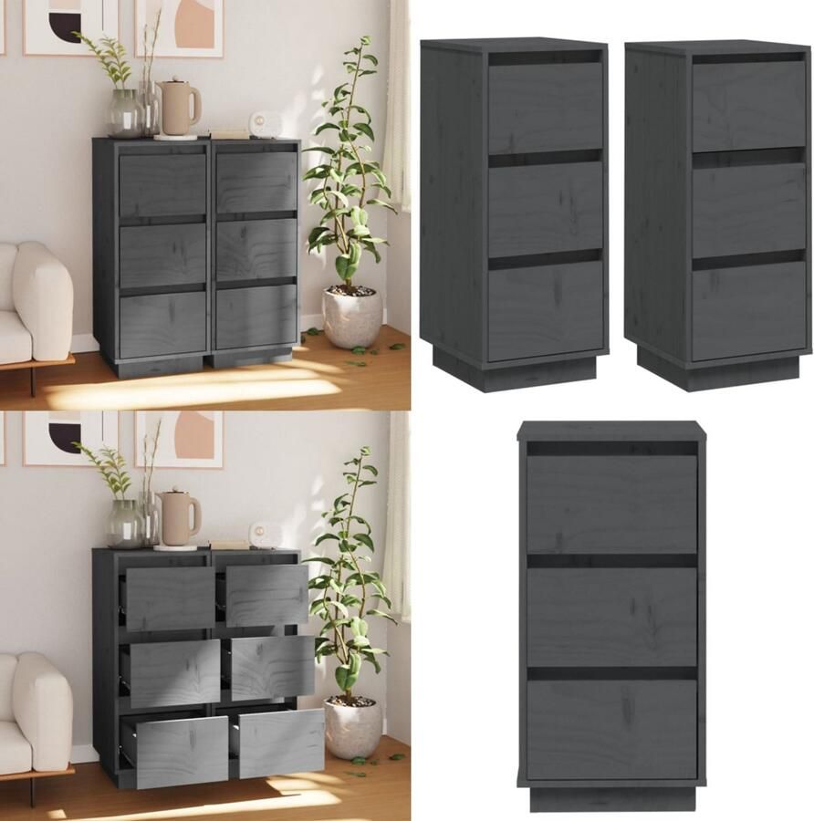 VidaXL Dressoirs 2 st 32x34x75 cm massief grenenhout grijs Dressoir Dressoirs Buffetkast Opbergkast