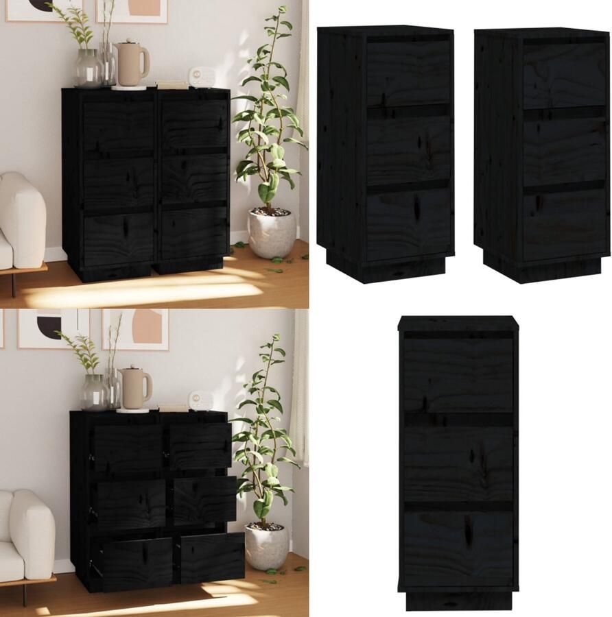 VidaXL Dressoirs 2 st 32x34x75 cm massief grenenhout zwart Dressoir Dressoirs Buffetkast Opbergkast