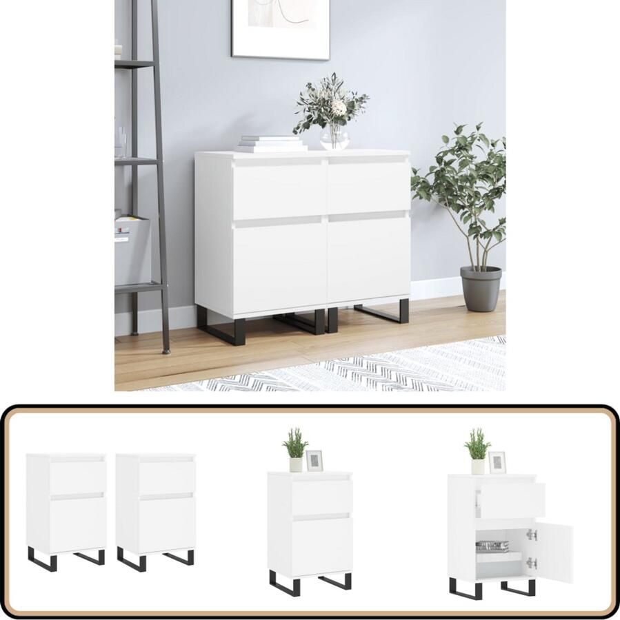 The Living Store Dressoirs 2 st 40x35x70 cm bewerkt hout wit Dressoir Opbergkast Kast Woonkamerinrichting Houten Dressoir - Foto 2