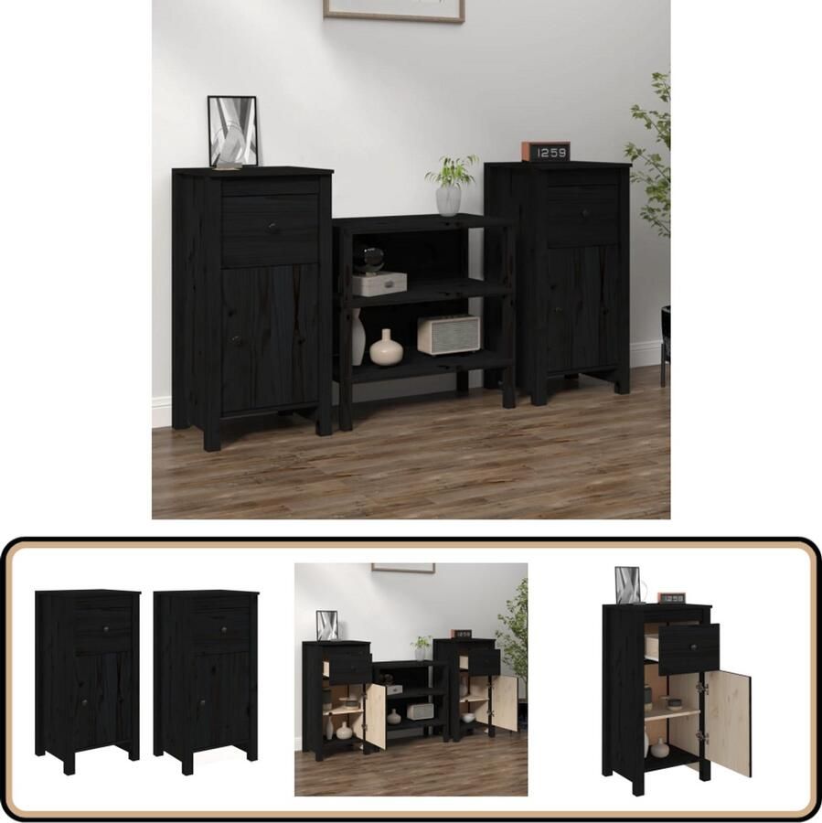 The Living Store Dressoirs 2 st 40x35x80 cm massief grenenhout zwart Dressoir Grenenhout Meubel Zwarte Dressoir Opbergkast Salontafel
