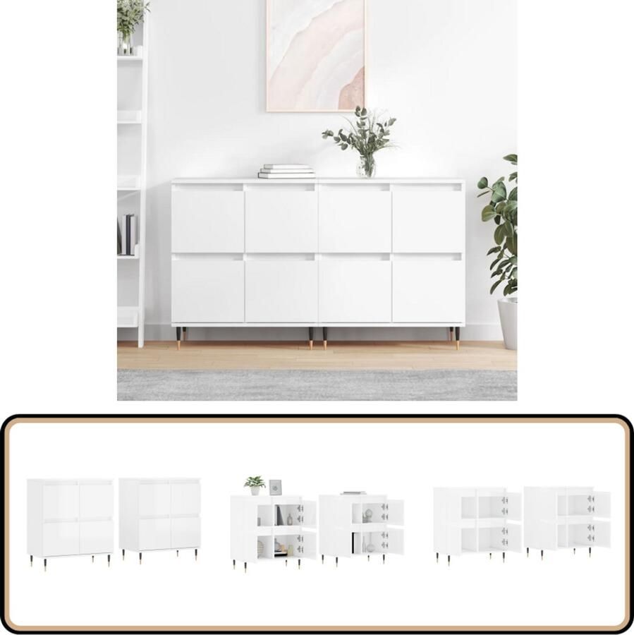 VidaXL Dressoirs 2 stuks Hoogglans Wit Bewerkt Hout Dressoir Commode Vintage Modern Houten Dressoir