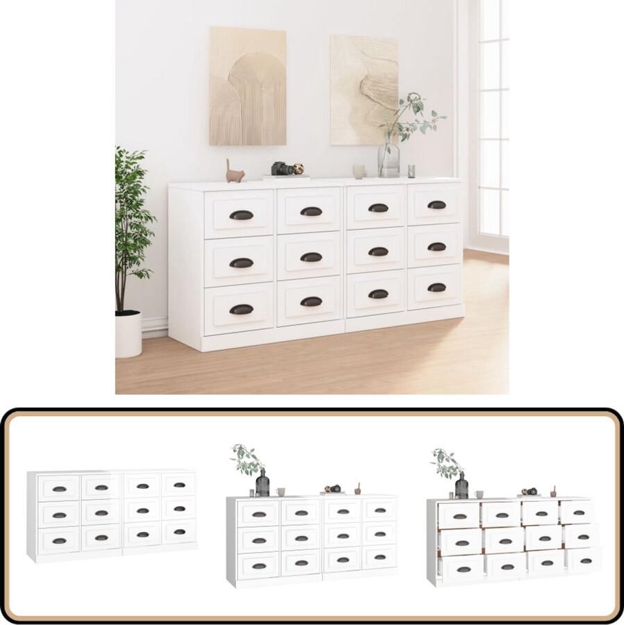 VidaXL Dressoirs 2 stuks Hoogglans Wit Bewerkt Hout Dressoir Wit Dressoir Houten Dressoir Modern Dressoir Vintage Dressoir