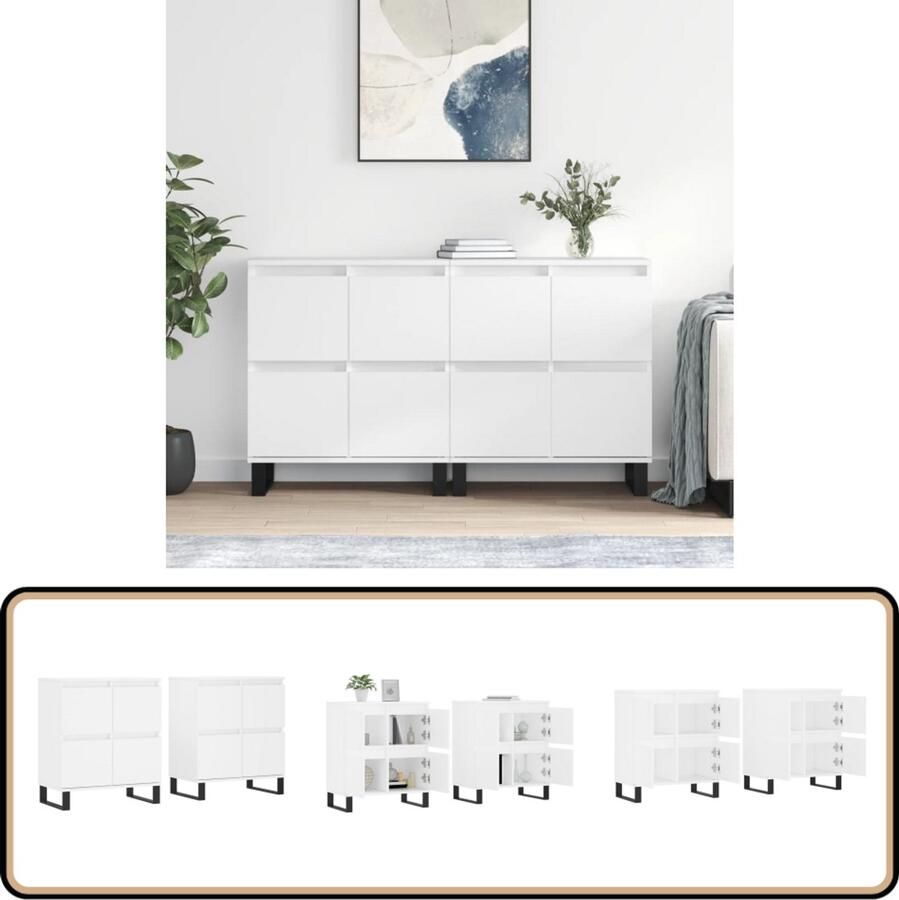 VidaXL Dressoirs 2 st Bewerkt hout Wit Klassieke Dressoir Wit Houten Dressoir Opslagmeubel Salontafel - Foto 2