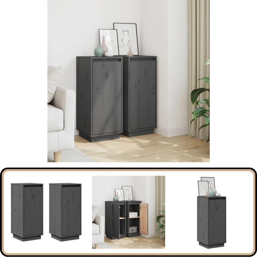 VidaXL Dressoirs 2 st Grenenhout Grijs 75 cm Bijzettafel Dressoir Massief Hout Grenshouten Meubel Opbergkast