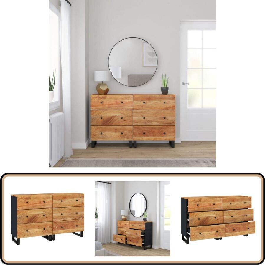VidaXL Dressoirs 2 st massief acaciahout 60x33x75cm Dressoir Commode Opbergkast Acacia Hout Vintage