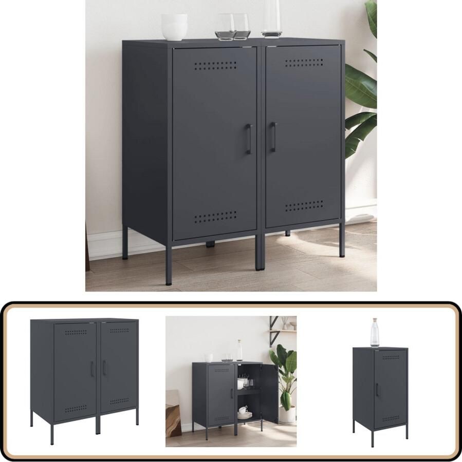 The Living Store Dressoirs 2 st 36x39x79 cm staal antracietkleurig Industriele Dressoir Staaldresser Opbergkast Industrieel Vintage Dressoir Salontafel - Foto 2