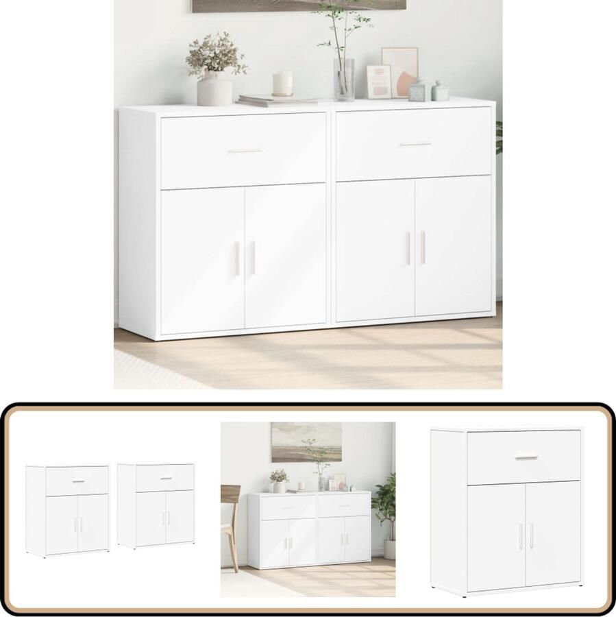 VidaXL Dressoirs 2 st Wit Bewerkt hout 60x31x70 cm Dressoir Opbergkast Houten Meubels Witte Meubelen Salontafel - Foto 2