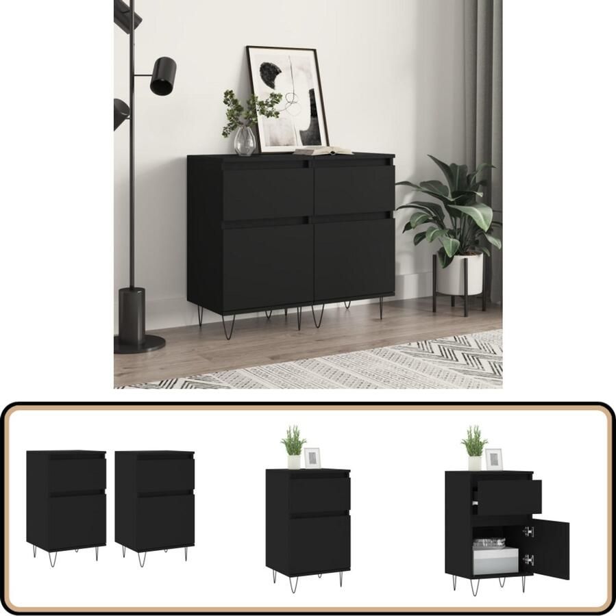VidaXL Dressoirs 2 stuks 40x35x70 cm Zwart Dressoir Bijzettafel Kast Houten Dressoir Zwarte Dressoir - Foto 2