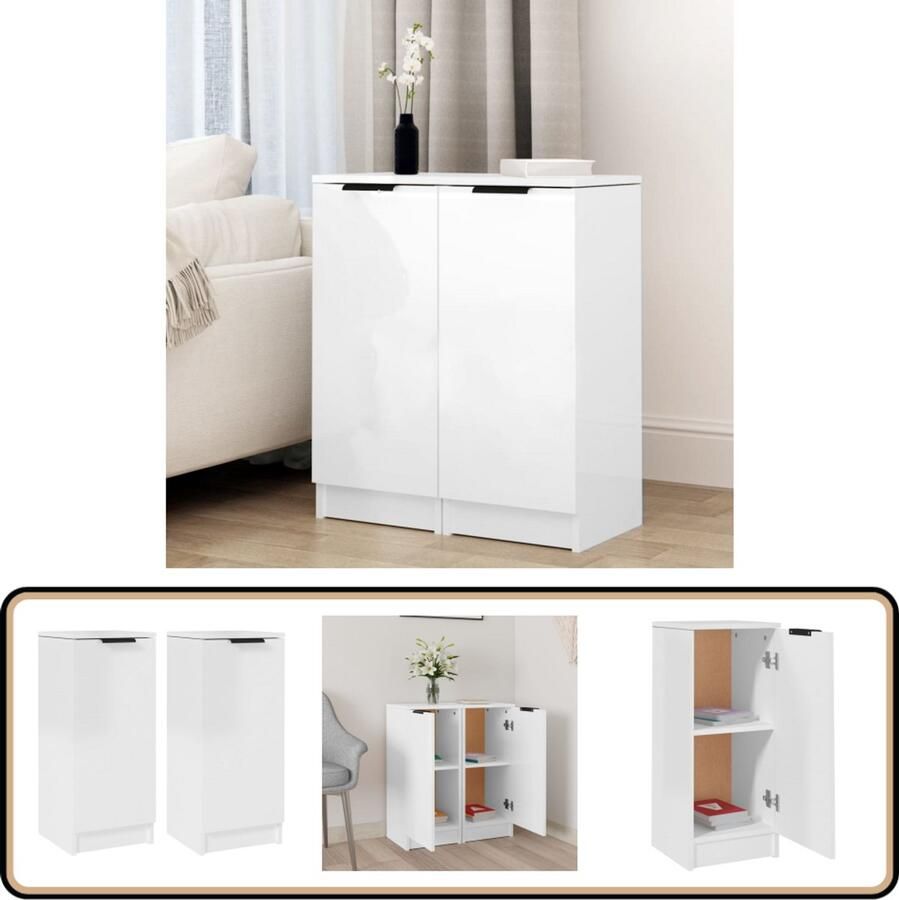 VidaXL Dressoirs 2 stuks Hoogglans Wit 30x30x70 cm Dressoir Houten Dressoir Witte Dressoir Modern Dressoir Minimalistisch Dressoir - Foto 2