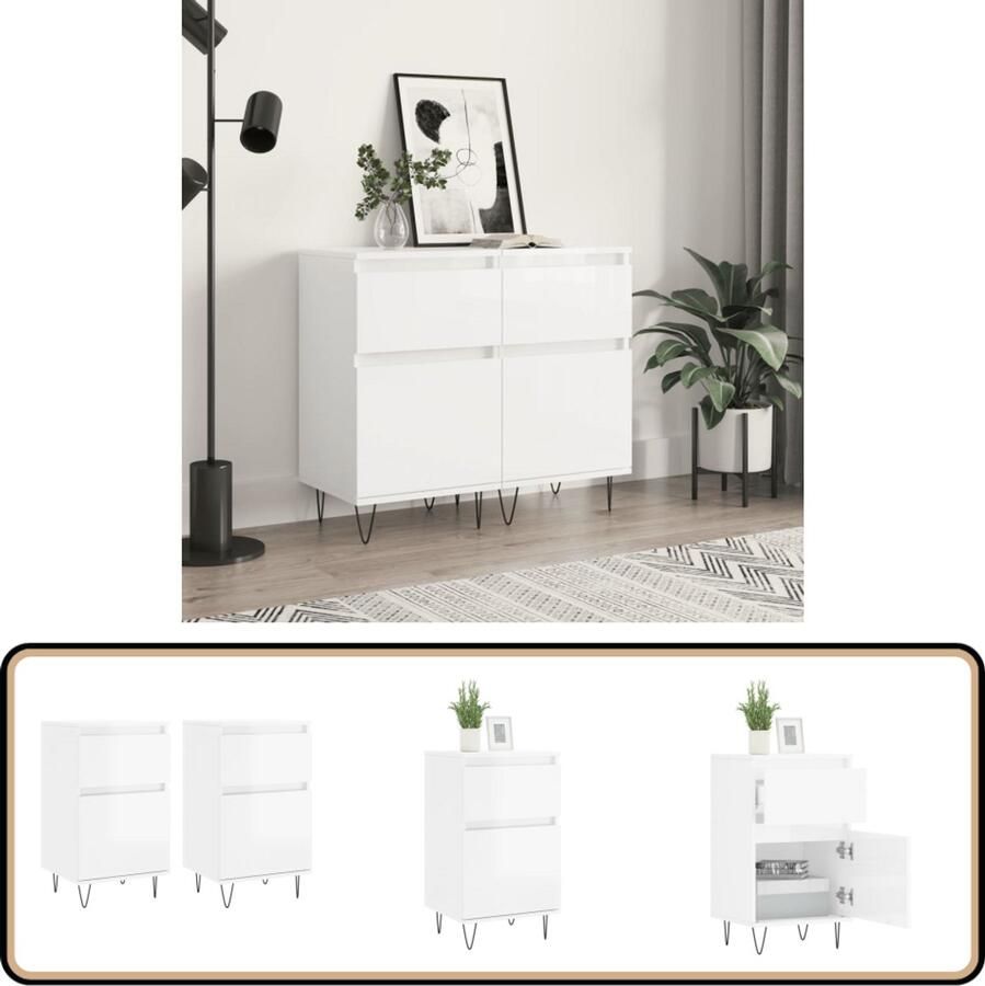 VidaXL Dressoirs 2 stuks Hoogglans Wit Bewerkt Hout Dressoir Kast Opbergkast Houten Dressoir White Furniture - Foto 2